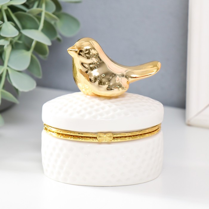 Шкатулка керамика "Золотая птичка. Плетёнка" белая 7,5х5,6х9 см - Фото 1