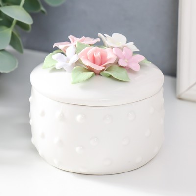 Шкатулка для украшений керамика «Цветочный сад. Горошек», белая, 8×8×8 см