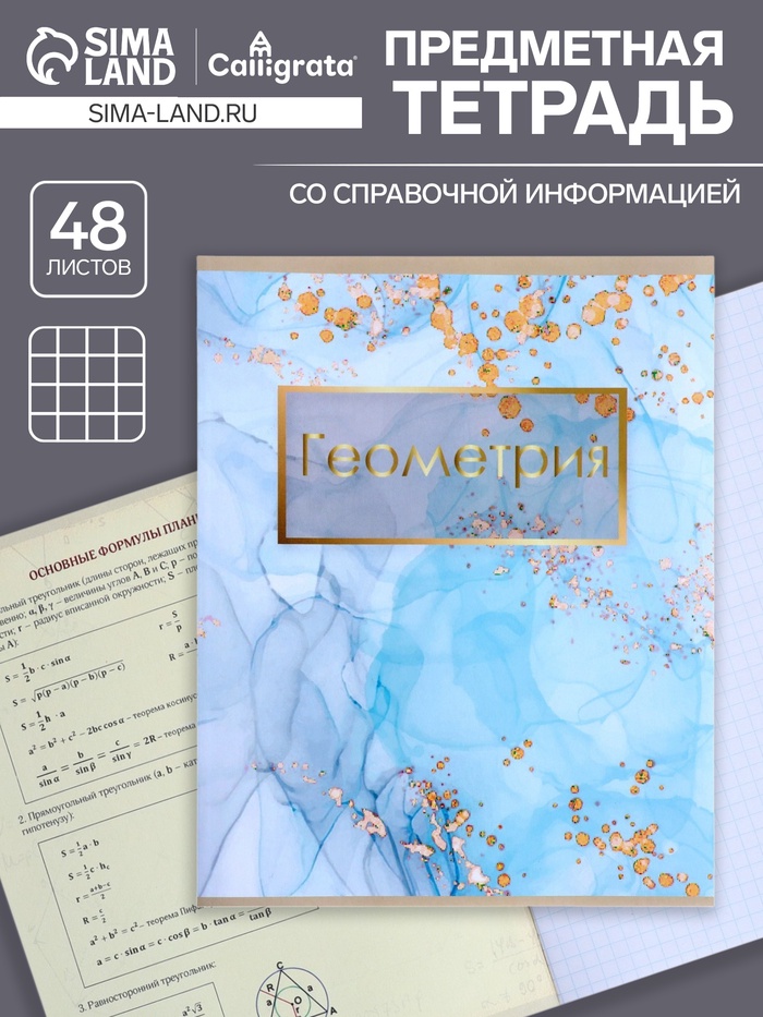 Предметная тетрадь по геометрии Calligrata «Мрамор светлый», 48 листов, в клетку, со справочным материалом, обложка из мелованного картона - Фото 1