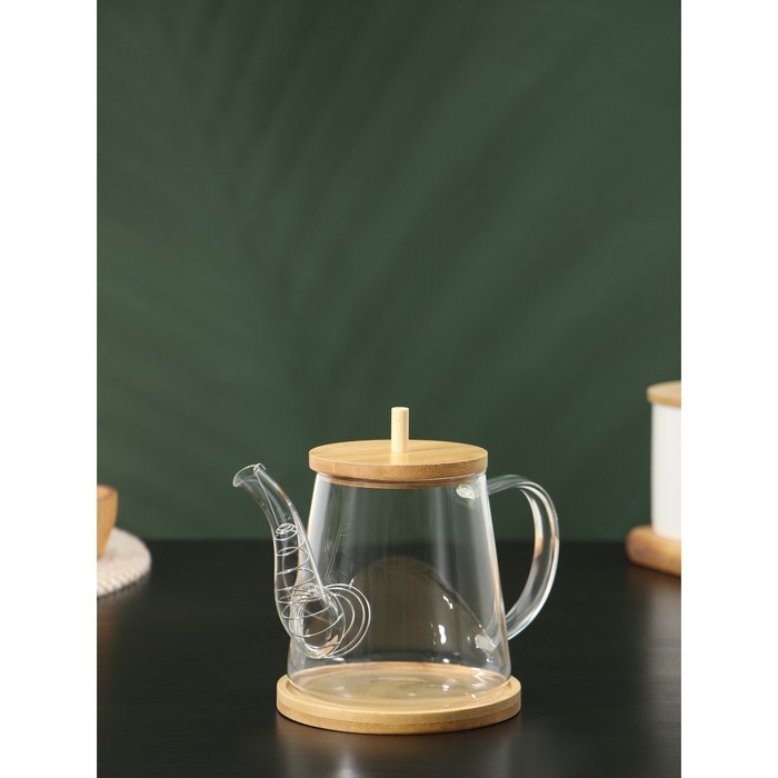 Чайник заварочный стеклянный с бамбуковой крышкой и металлическим фильтром BellaTenero «Бамбук», 600 мл, 19×11,3×12,2 см - фото 1907642291