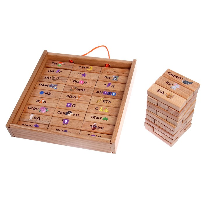 Настольная игра «Башня с ребусами», 54 элемента, в деревянном ящике - фото 1904734653