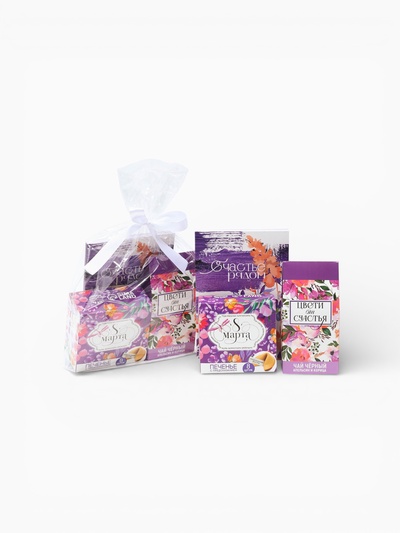 Подарочный набор на 8 марта «Цвети от счастья», чай чёрный со вкусом апельсина и шоколада 50 г., печенье с предсказанием 48 г., ежедневник