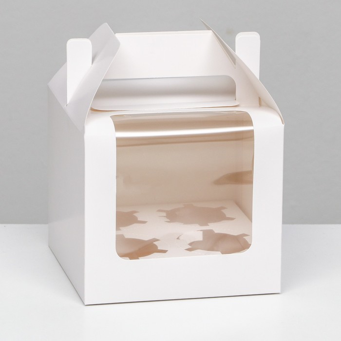 Кондитерская складная коробка для 4 капкейков, белая 16 х 16 х 14 см - Фото 1