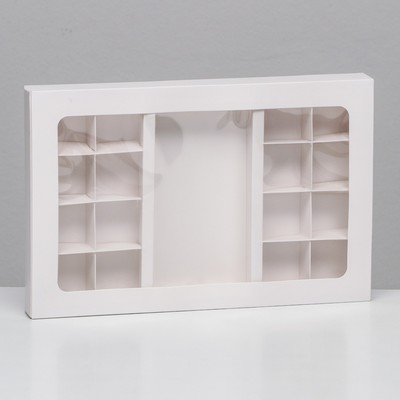Коробка для 8 + 8 конфет + шоколад, с окном, белая 30×19.5×3 см