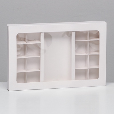 Коробка для 8 + 8 конфет + шоколад, с окном, белая 30×19.5×3 см