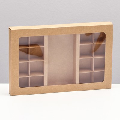 Коробка для 8 + 8 конфет + шоколад, с окном, крафт 30×19.5×3 см