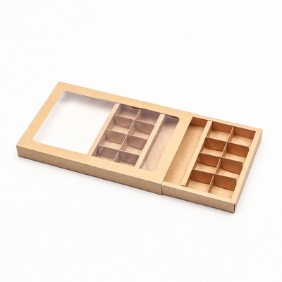 Коробка для 8 + 8 конфет + шоколад, с окном, крафт 30×19.5×3 см