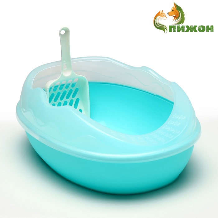 Туалет для кошек, 38×28×15 см, округлый, с бортиком и совком, синий - Фото 1