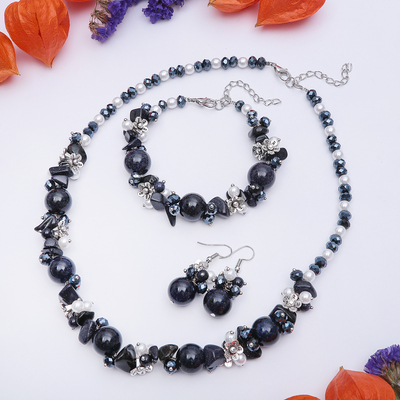 Набор 3 предмета: серьги, бусы, браслет, каменная долина «Авантюрин синий»