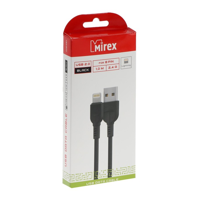 Кабель Mirex 13700-008i2BK, Lightning - USB, 2.4 А, 1 м, быстрая зарядка, черный - фото 51459599