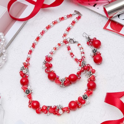 Набор 3 предмета: серьги, бусы, браслет, каменная долина «Коралл»