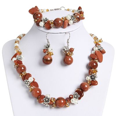 Набор 3 предмета: серьги, бусы, браслет, каменная долина «Авантюрин коричневый»