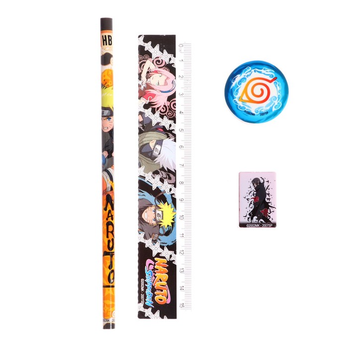 Набор канцелярский Naruto: карандаш чернографитный, линейка 15 см, ластик, точилка, с европодвесом