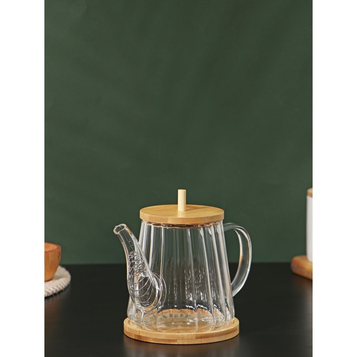 Чайник заварочный стеклянный с бамбуковой крышкой и металлическим фильтром BellaTenero «Эко», 550 мл, 19×11×12,5 см - фото 1888528652