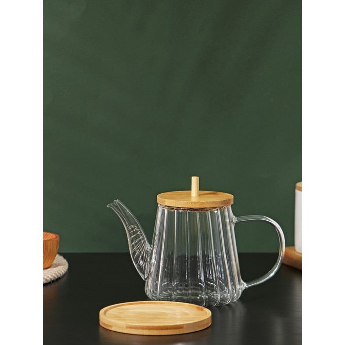 Чайник заварочный стеклянный с бамбуковой крышкой и металлическим фильтром BellaTenero «Эко», 550 мл, 19×11×12,5 см - фото 1907647834