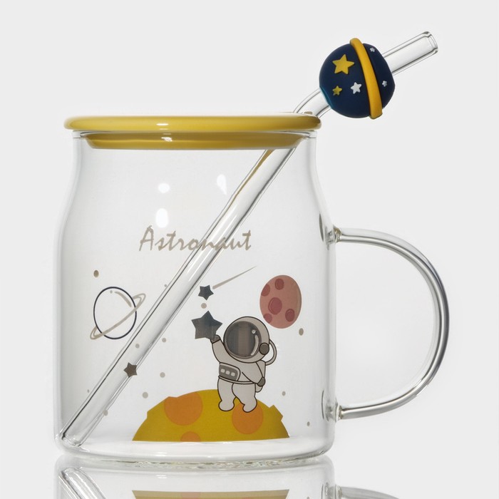 Кружка стеклянная с керамической крышкой и трубочкой «Космос», 500 мл, цвет МИКС