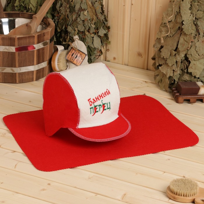 Набор для бани: шапка и коврик "Банный перец" красный - Фото 1