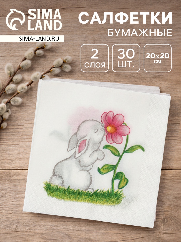 Салфетки бумажные пасхальные «Милый зайчик», 2 слоя, 20×20 см, 30 шт. - Фото 1