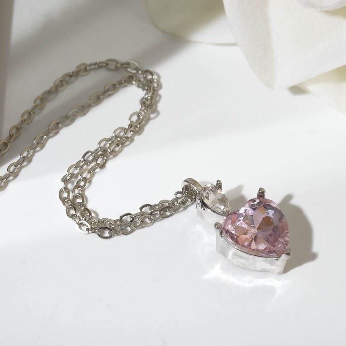 Кулон «Сердечко» со стразой, цвет бело-розовый в серебре, 42 см - фото 1885582419