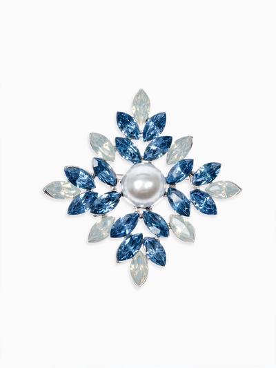 Брошь «Императрица» ромб, цвет бело-синий в серебре