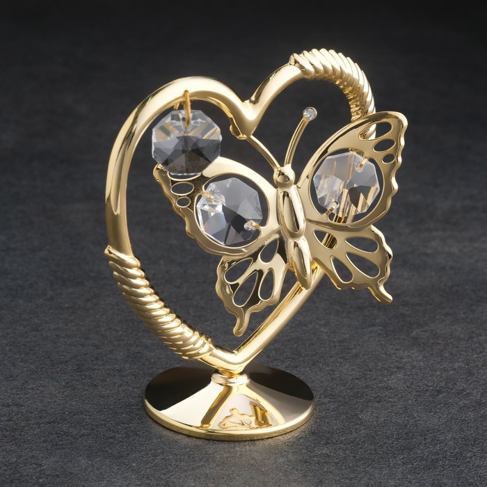 Сувенир "Сердце с бабочкой", с 3-мя хрусталиками, позолоченное