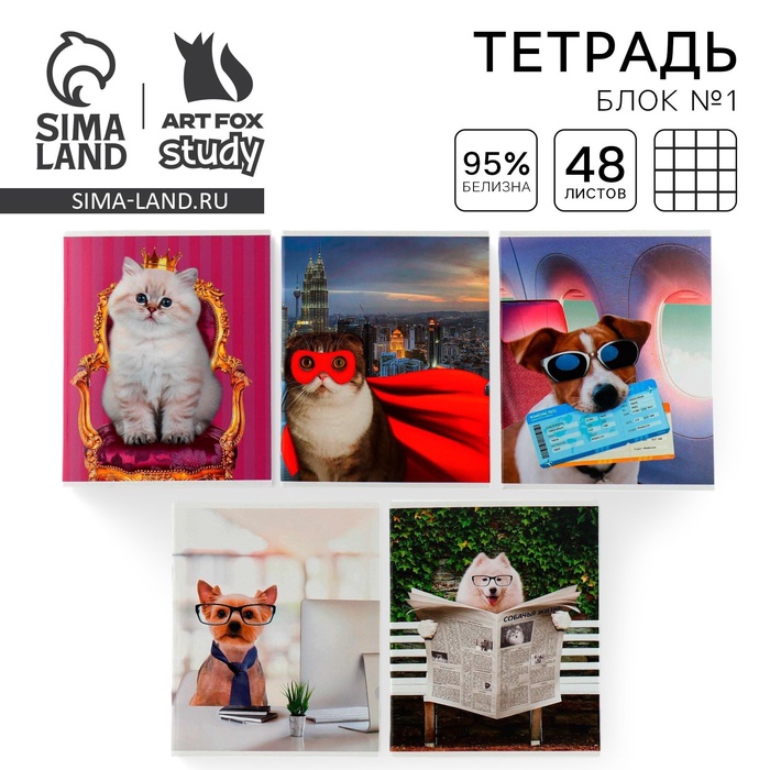 Тетрадь в клетку, 48 л., А5, на скрепке, блок №1 «Милые питомцы» МИКС - Фото 1