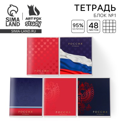Тетрадь в клетку, 48 л., А5, на скрепке, блок №1 «Россия» МИКС