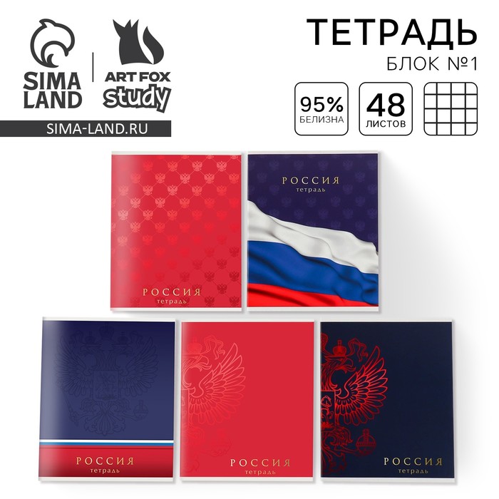 Тетрадь в клетку, 48 л., А5, на скрепке, блок №1 «Россия» МИКС