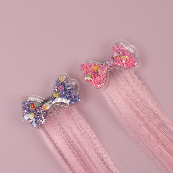 Набор накладных локонов «БАНТИКИ», прямой волос, на заколке, 2 шт, 50 см, цвет розовый/МИКС 33507