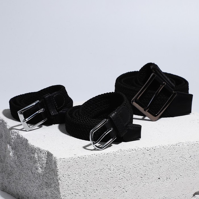 Подарочный набор, 3 ремня, плетёнка, пряжка металл, цвет чёрный - Фото 1