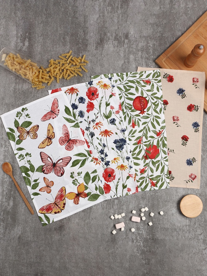 Набор полотенец Доляна «Луговые цветы» 28×46 см - 4 шт., 100% хлопок, вафля 160 г/м² - Фото 1