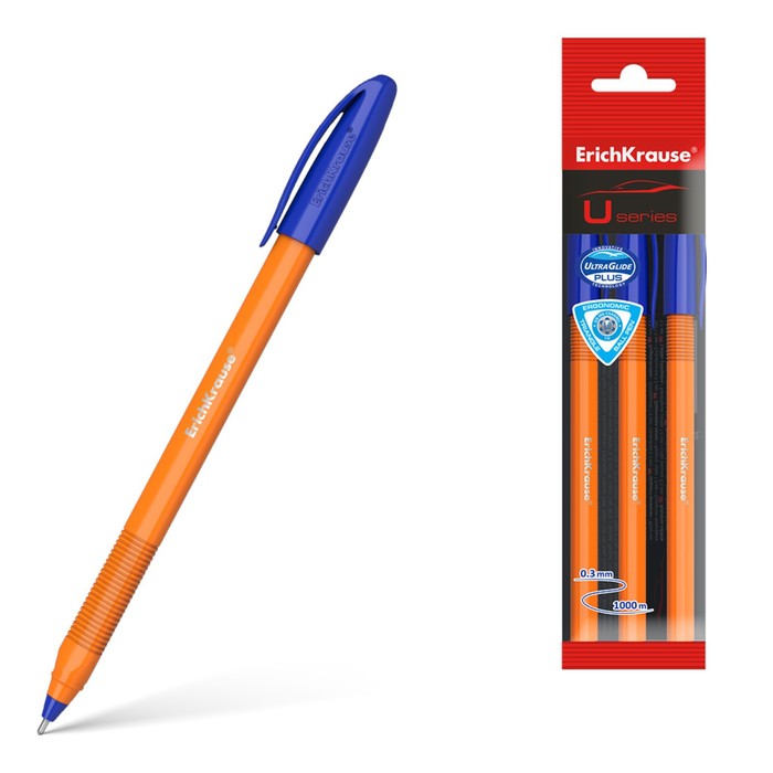 Набор ручек шариковых ErichKrause U-108 Orange Stick, 3 штуки, игольчатый узел 1.0 мм, цвет чернил синий, супермягкое письмо, корпус оранжевый