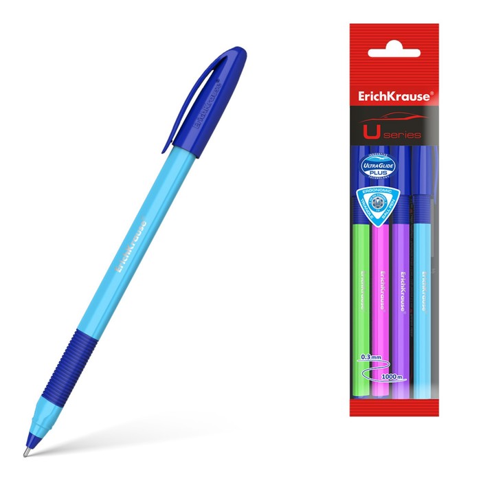 Набор ручек шариковых ErichKrause U-109 Neon Stick&Grip, 4 штуки, игольчатый узел 1.0 мм, цвет чернил синий, супермягкое письмо, резиновый упор, корпус неоновый микс - Фото 1
