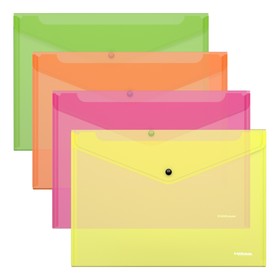 Папка-конверт на кнопке А4, 140 мкм, ErichKrause Fizzy Neon, полупрозрачный, тиснение, микс (комплект 24 шт)