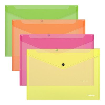 Папка-конверт на кнопке А4, 140 мкм, ErichKrause Fizzy Neon, полупрозрачный, тиснение, микс