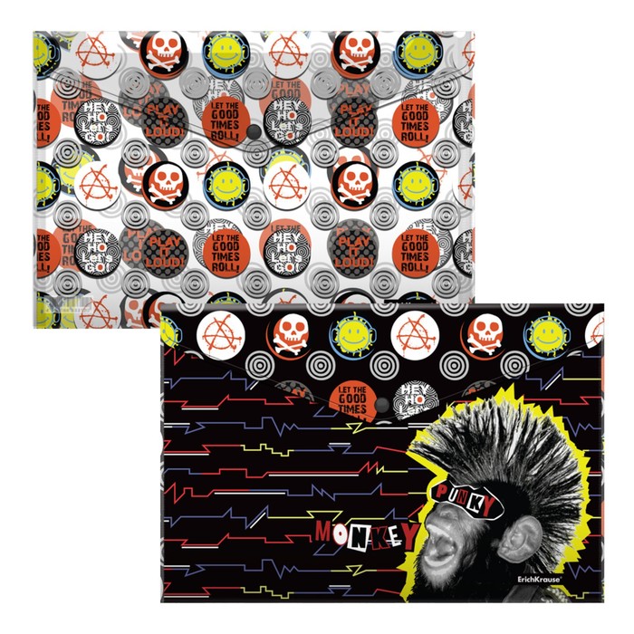 Набор из 4 папок-конвертов А4, 160 мкм, ErichKrause Punky Monkey, полупрозрачный, глянцевый, микс с рисунком - Фото 1