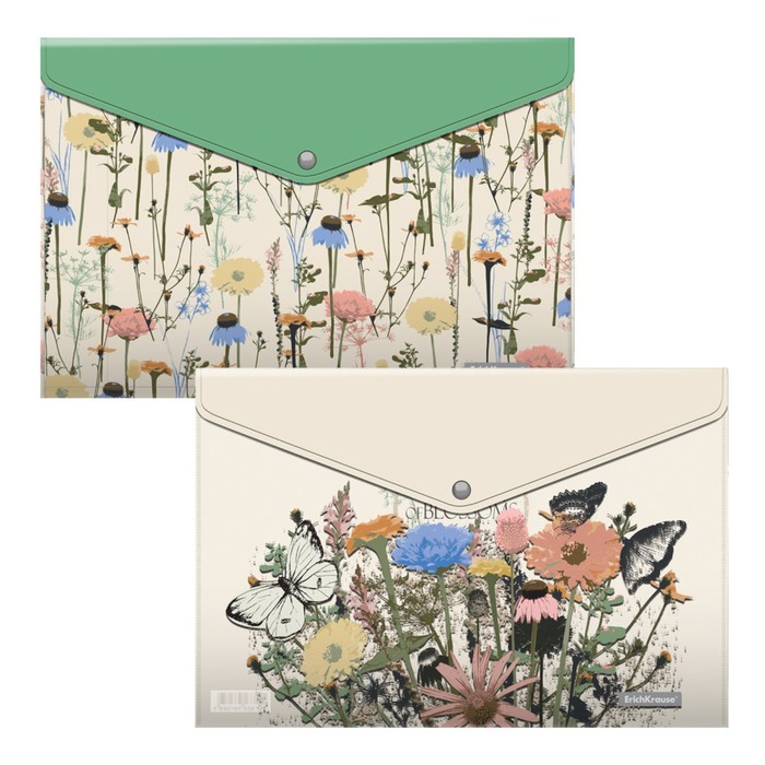 Набор из 4 папок-конвертов А4, 160 мкм, ErichKrause Wild Flowers, полупрозрачный, глянцевый, микс с рисунком - Фото 1