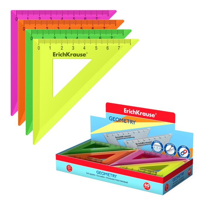 Треугольник 45*/ 7 см ErichKrause Neon Solid, пластик, микс из 4 цветов, в коробке-дисплее - фото 10308759