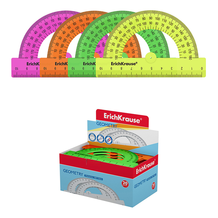 Транспортир 180°/10см ErichKrause Neon Solid, пластик, микс из 4 цветов, в коробке-дисплее - Фото 1