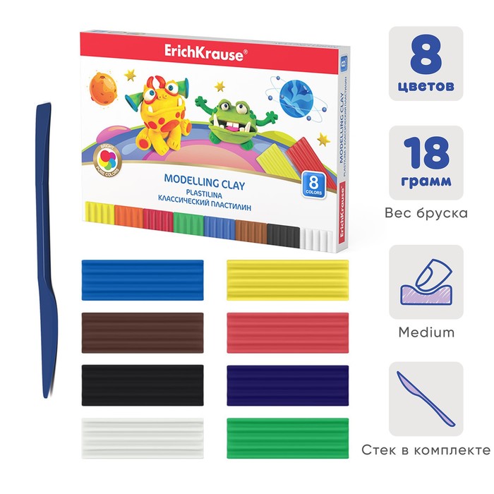 

Пластилин 8 цветов 144г ErichKrause Cosmic Monsters, со стеком