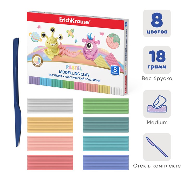 

Пластилин 8 цветов 144г ErichKrause Cosmic Monsters Pastel, со стеком