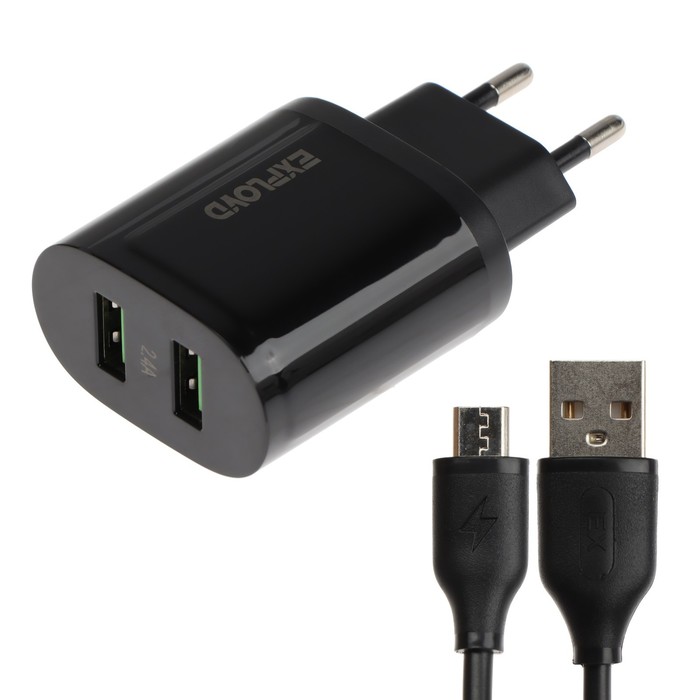 Сетевое зарядное устройство Exployd EX-Z-1432, 2 USB, 2.4 А, кабель microUSB, черное