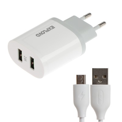 Сетевое зарядное устройство Exployd EX-Z-1433, 2 USB,  2.4 А, кабель microUSB, белое