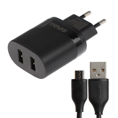 Сетевое зарядное устройство Exployd EX-Z-1436, 2 USB, 2.4 А, кабель microUSB, черное