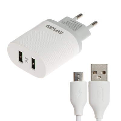 Сетевое зарядное устройство Exployd EX-Z-1437, 2 USB, 2.4 А, кабель microUSB,  белое