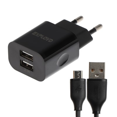 Сетевое зарядное устройство Exployd EX-Z-464, 2 USB, 3.1A, кабель microUSB, чёрное