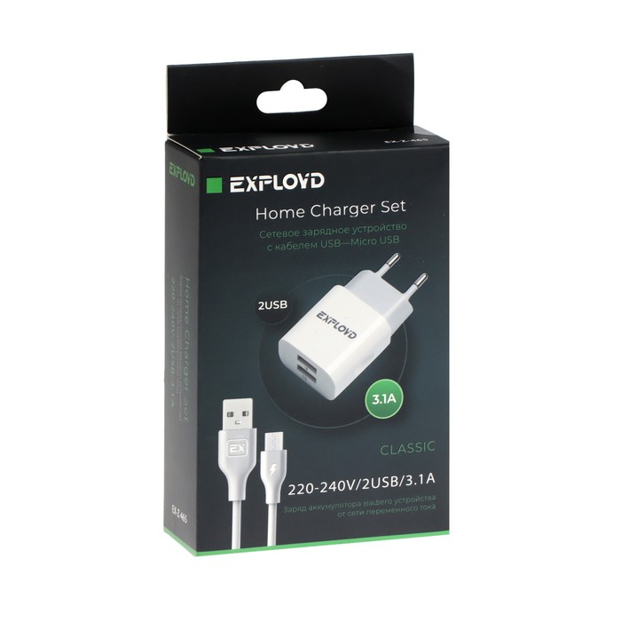 Сетевое зарядное устройство Exployd EX-Z-465, 2 USB, 3.1A, кабель microUSB, белое - фото 51459822