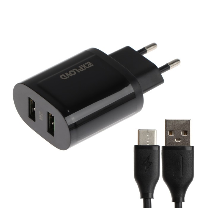 Сетевое зарядное устройство Exployd EX-Z-1434, 2 USB, 2.4 А, кабель Type-C, черное - Фото 1