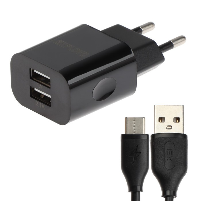 Сетевое зарядное устройство Exployd EX-Z-594, 2 USB, 3.1 А, кабель Type-C, черное - Фото 1