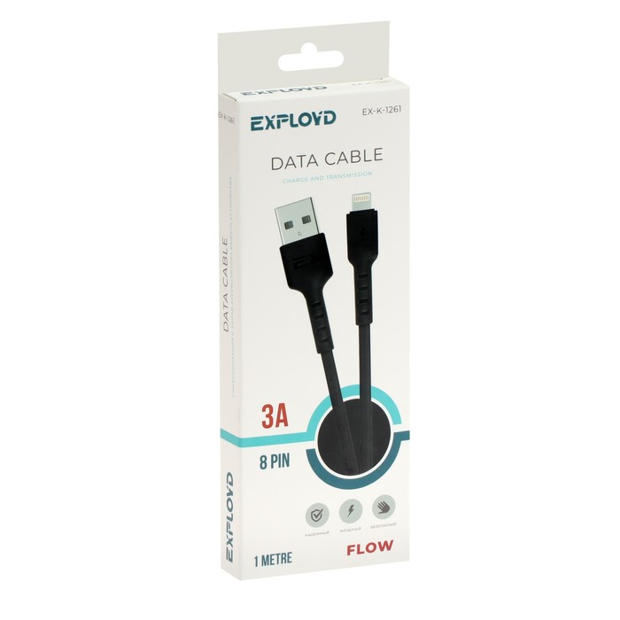 Кабель Exployd EX-K-1261, Lightning-USB, 3 А, 1 м, зарядка/передача данных, силикон, черный - фото 51459895